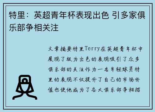 特里：英超青年杯表现出色 引多家俱乐部争相关注