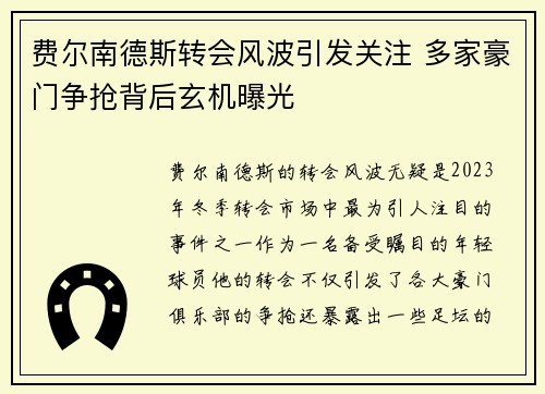 费尔南德斯转会风波引发关注 多家豪门争抢背后玄机曝光